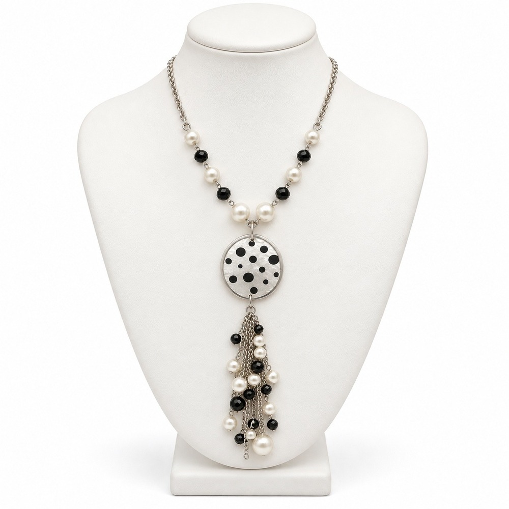Retro Art Deco Black White Polka Dot Tassel Necklace Faux Pearl 26-29 inch